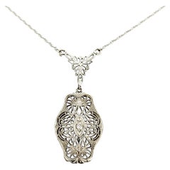 Art Deco Filigree Diamond Necklace in 14k White Gold