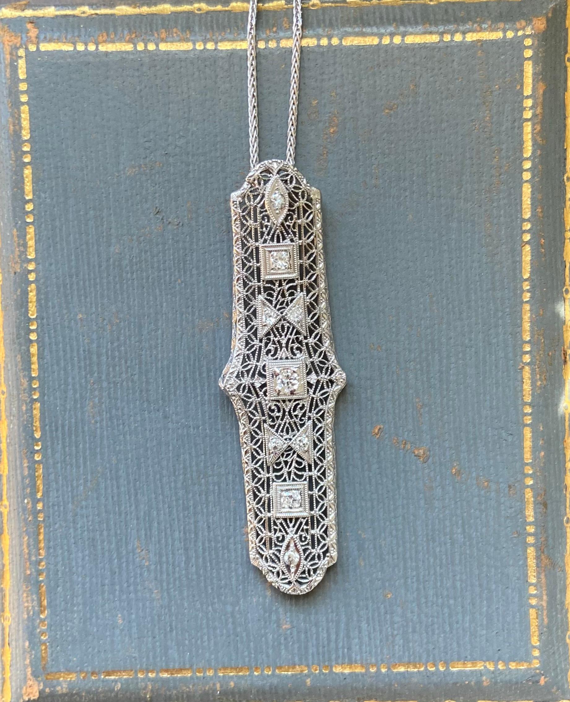 Women's or Men's Art Deco Filigree Diamond Pendant Necklace