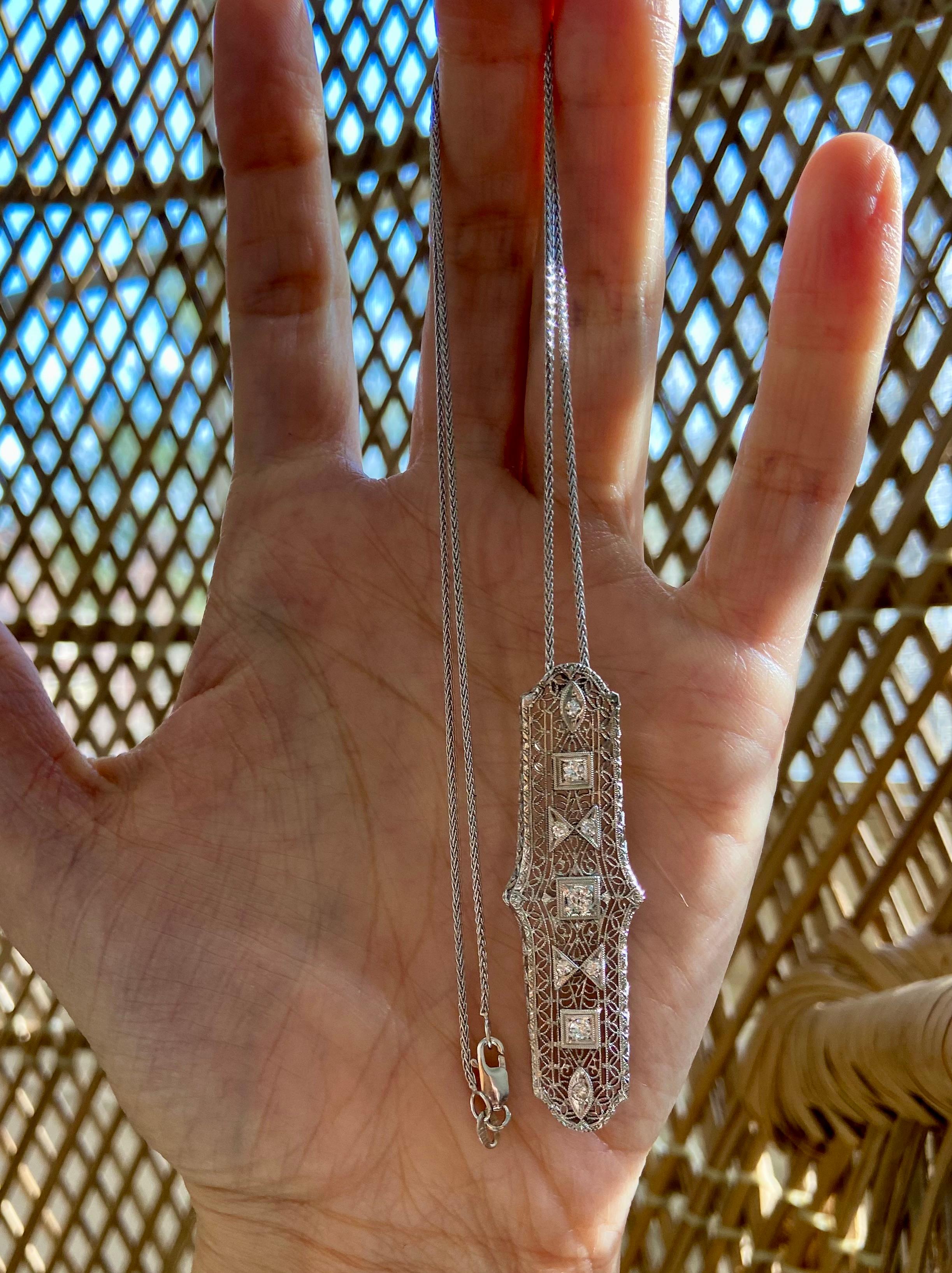 Art Deco Filigree Diamond Pendant Necklace 1