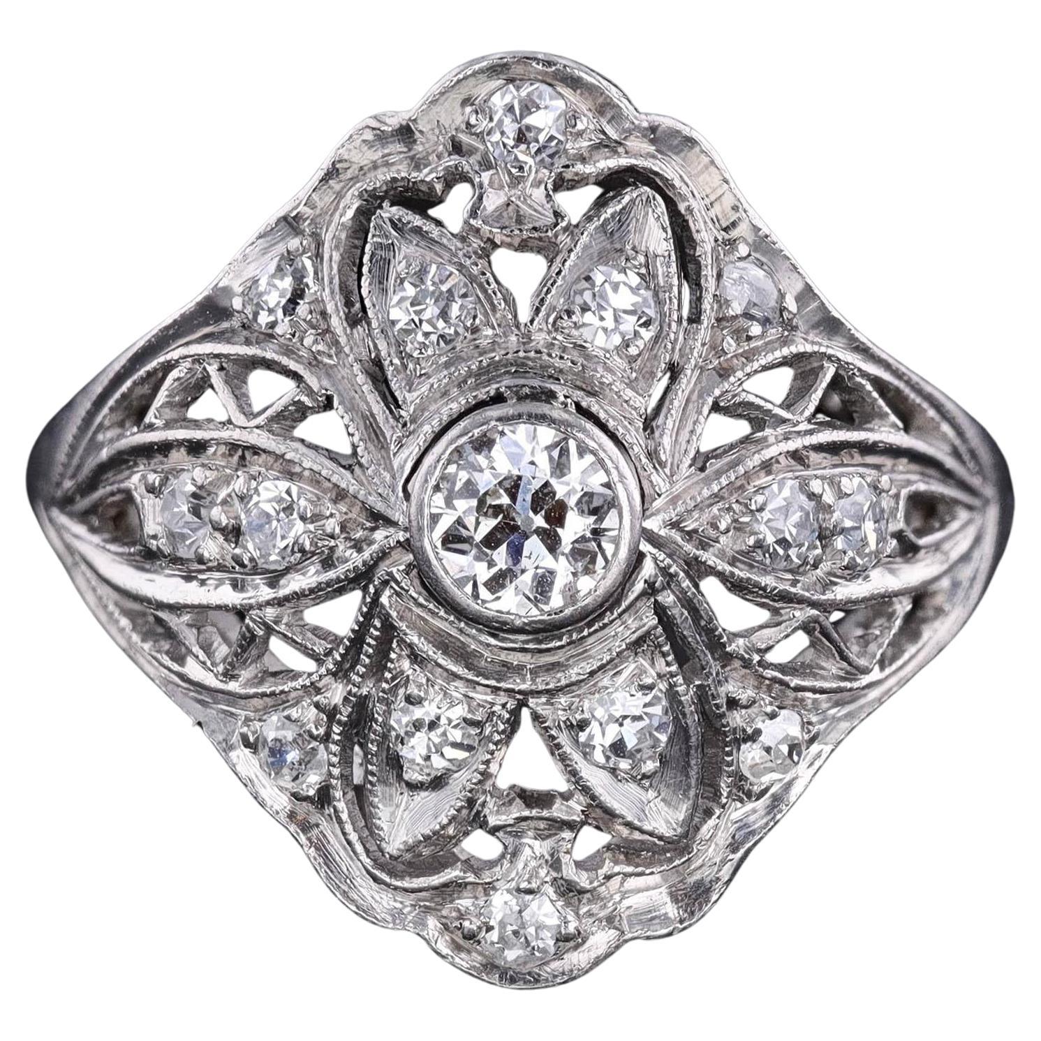 Art Deco Filigree Diamond Ring of Palladium