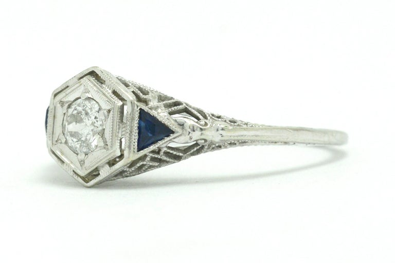 Art Deco Filigree Diamond Sapphire Engagement Ring 18 Karat White Gold