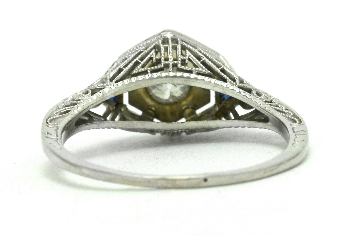 Old European Cut Art Deco Filigree Diamond Sapphire Engagement Ring 18 Karat White Gold Greek Key