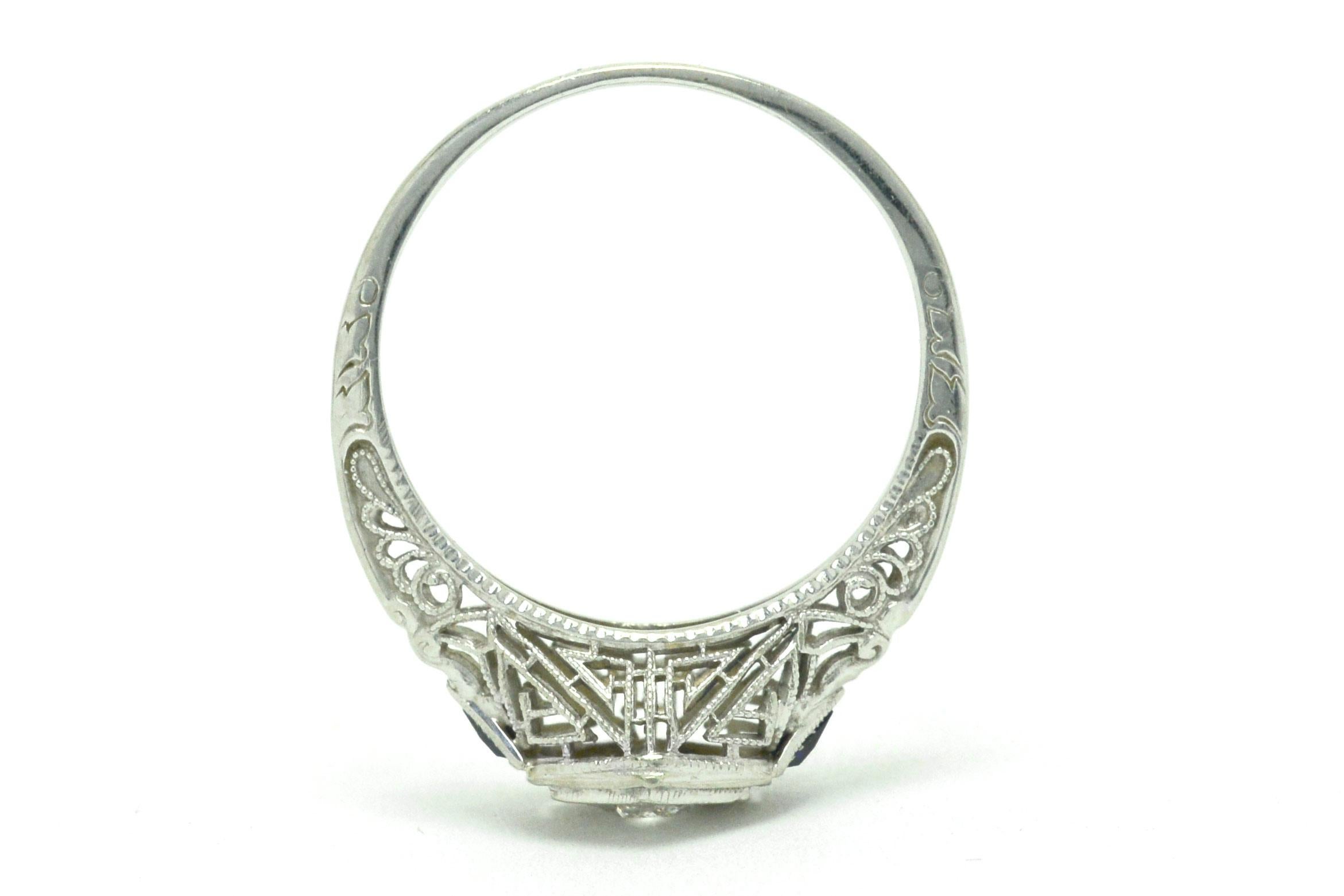 Art Deco Filigree Diamond Sapphire Engagement Ring 18 Karat White Gold Greek Key In Good Condition In Santa Barbara, CA