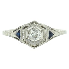 Art Deco Filigree Diamond Sapphire Engagement Ring 18 Karat White Gold Greek Key