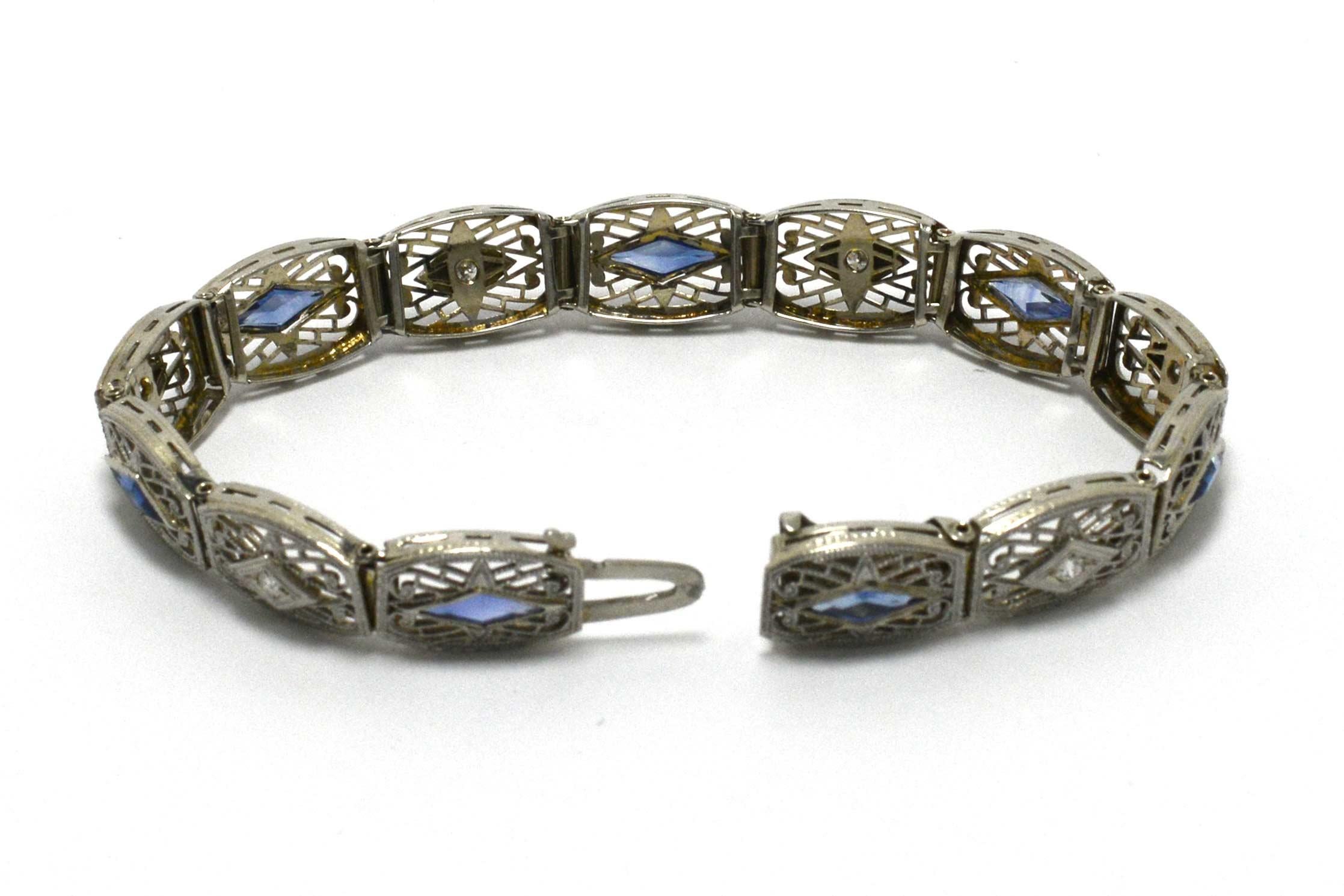 Art Deco Filigree Diamond Sapphire Platinum Bracelet circa 1920s Vintage Estate 1
