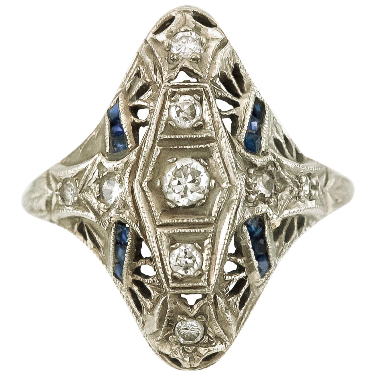 Art Deco Filigree Diamonds and Synthetic Sapphire Ring For Sale