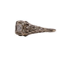 Art Deco Filigree Floral Carved 18 Karat White Gold Solitary Diamond Ring