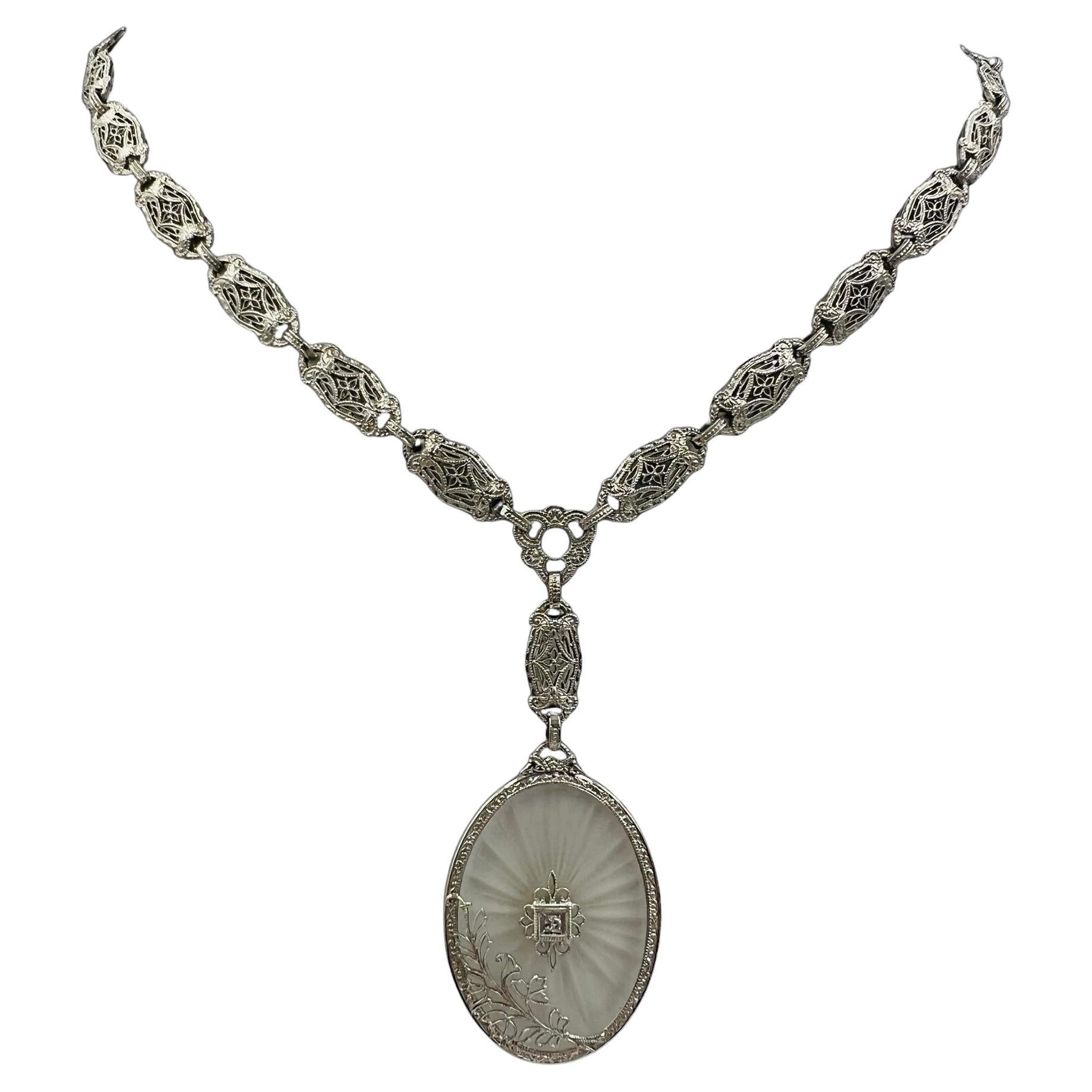 Art Deco Filigree Frosted Rock Crystal White Gold Necklace Circa 1925