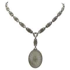 Art Deco Filigree Frosted Rock Crystal White Gold Necklace Circa 1925