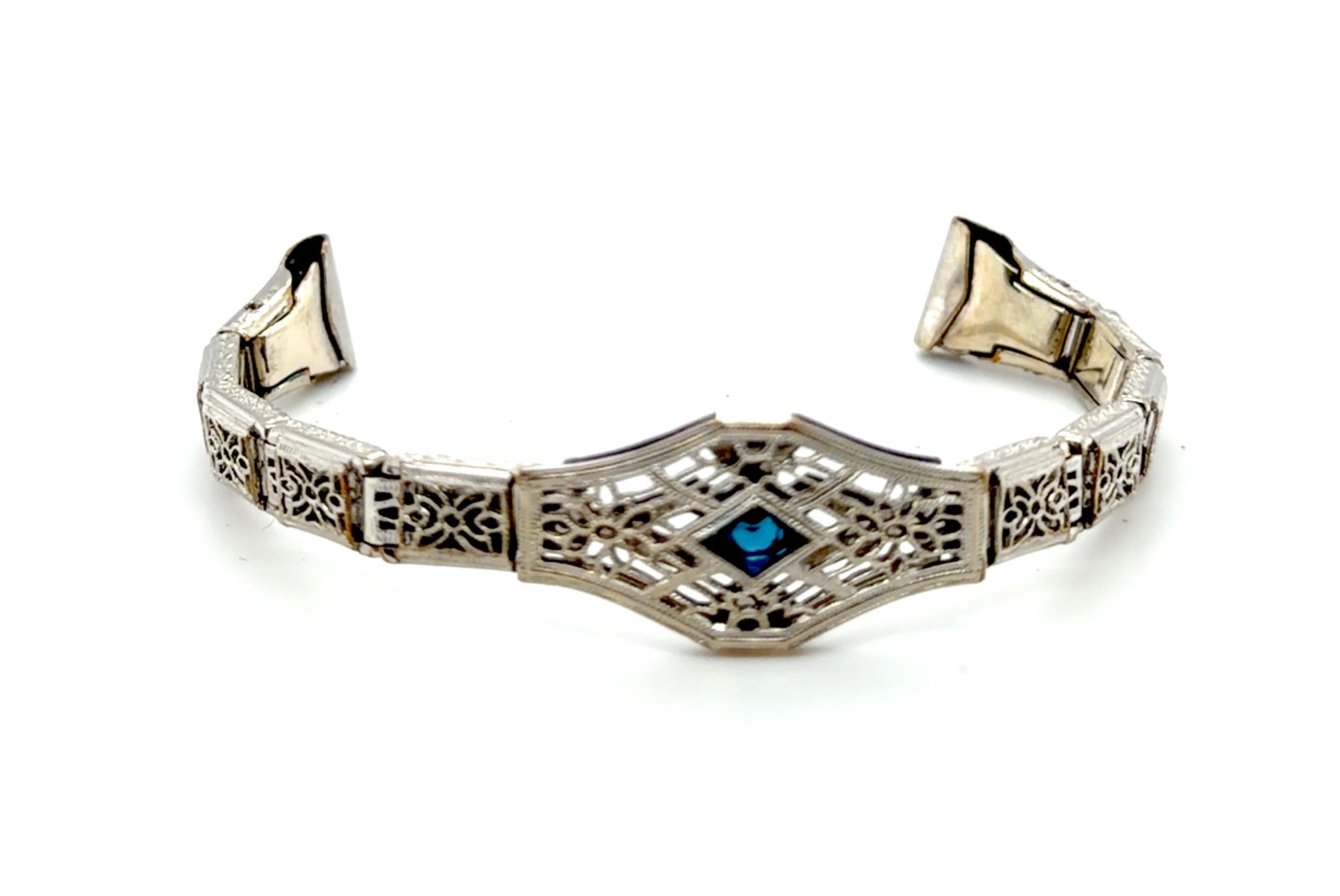 Art Deco Filigree Ladies Watch Stretch Band Strap French Cut Sapphire 1910's For Sale