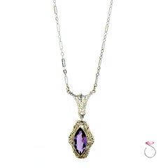 Collier filigrane Art déco en or blanc 14 carats avec améthyste violette taille marquise