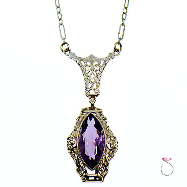 Women's Art Deco Filigree Necklace with Marquise Cut Purple Amethyst in 14K White Gold