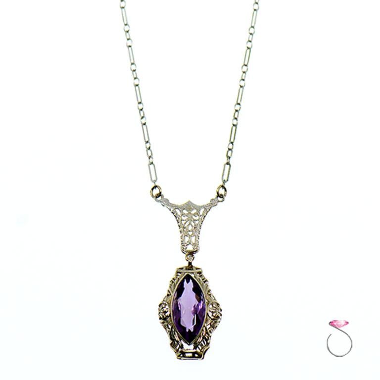 Art Deco Filigree Necklace with Marquise Cut Purple Amethyst in 14K White Gold 1