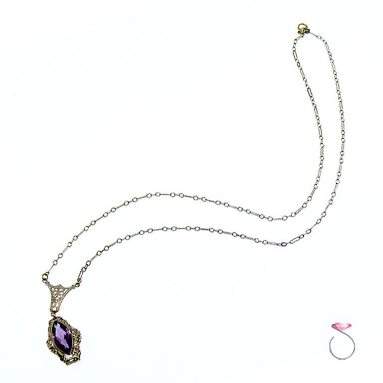 Art Deco Filigree Necklace with Marquise Cut Purple Amethyst in 14K White Gold 2