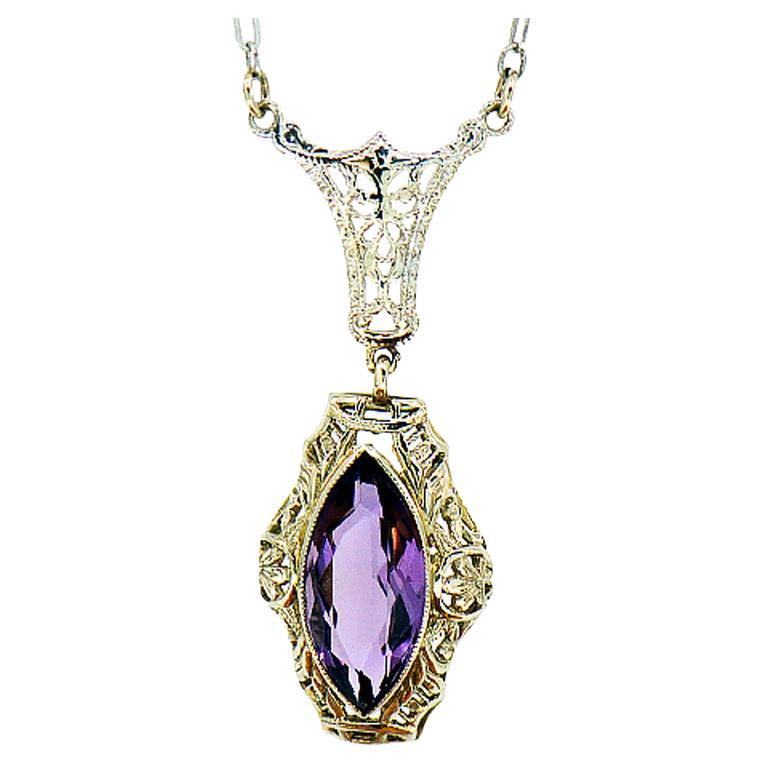 Art Deco Filigree Necklace with Marquise Cut Purple Amethyst in 14K White Gold