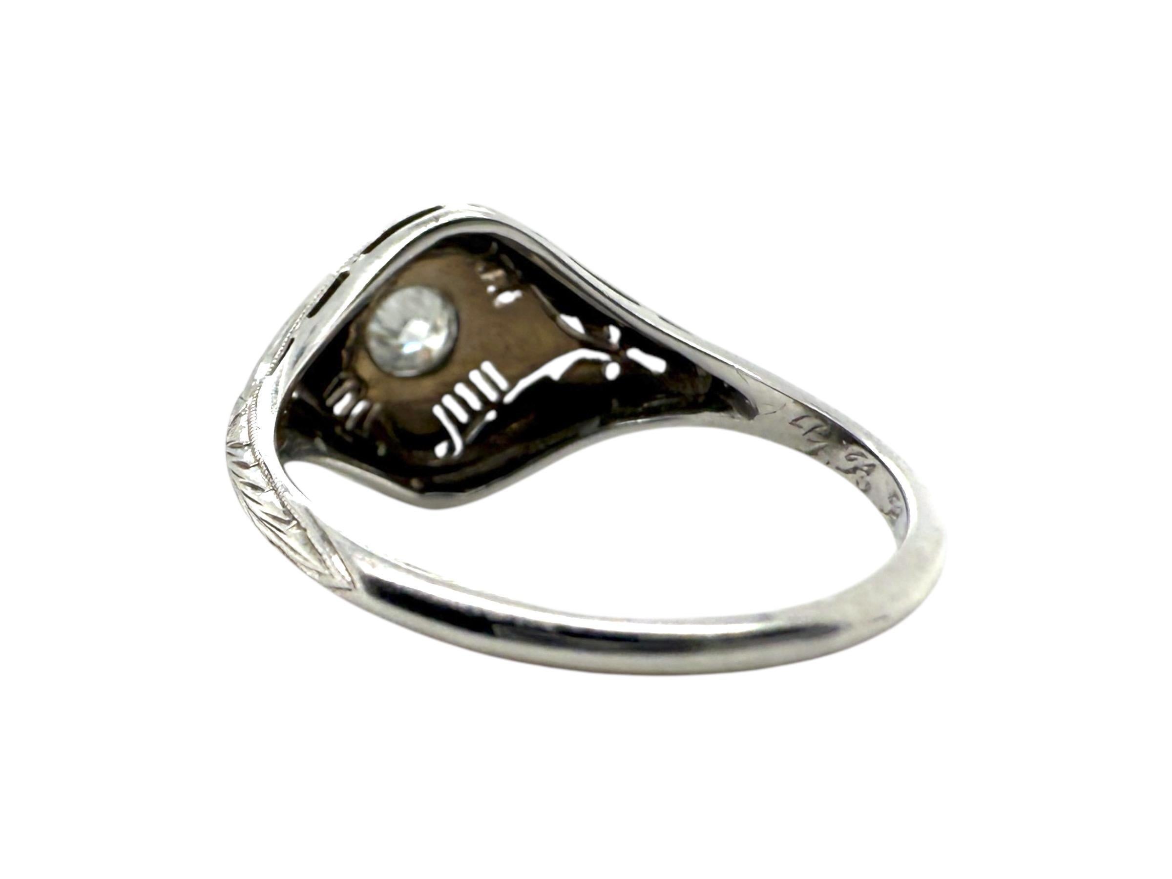 Art Deco Filigree Old European Cut Diamond Ring 18K White Gold For Sale 6