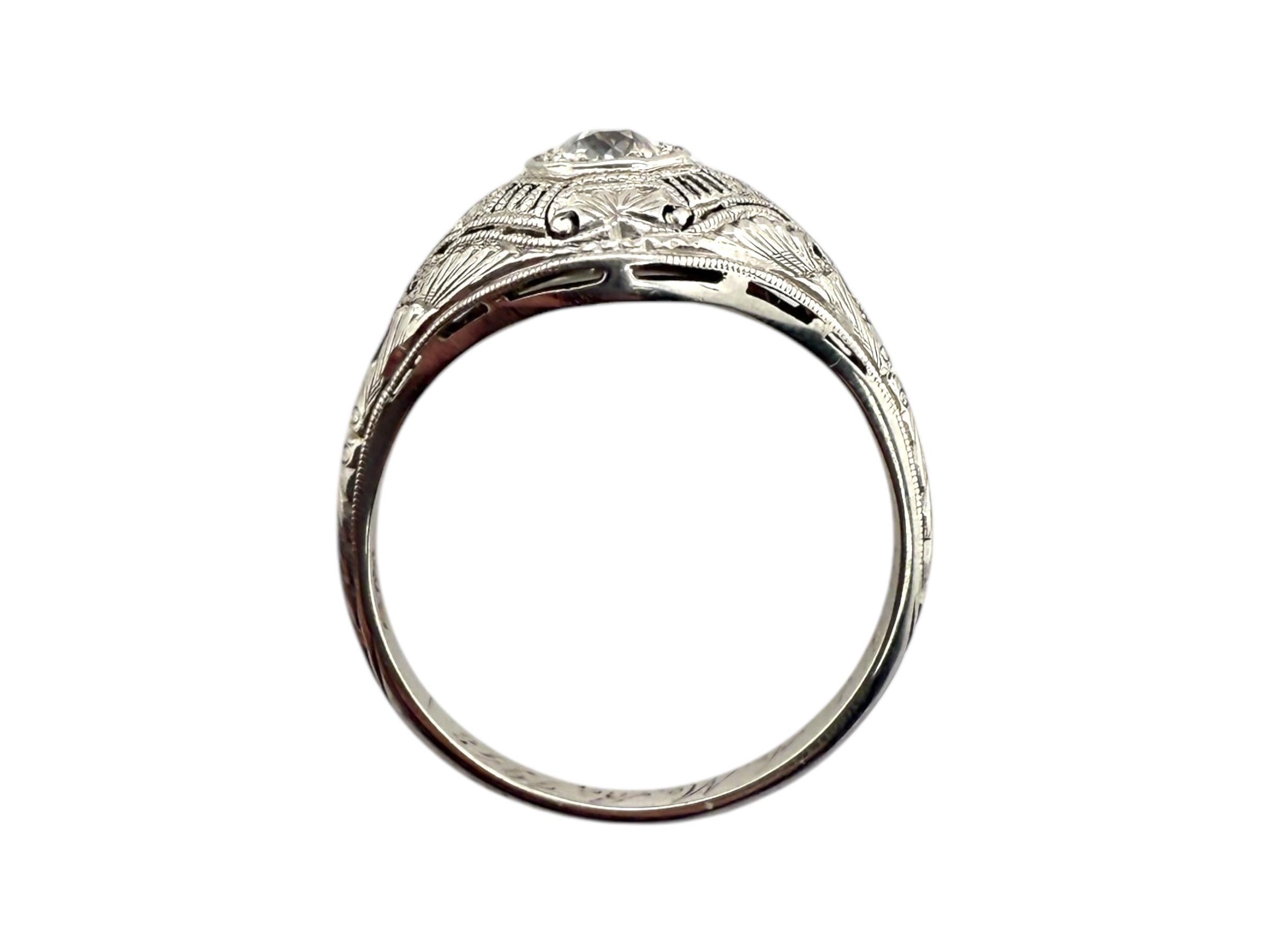 Art Deco Filigree Old European Cut Diamond Ring 18K White Gold For Sale 7