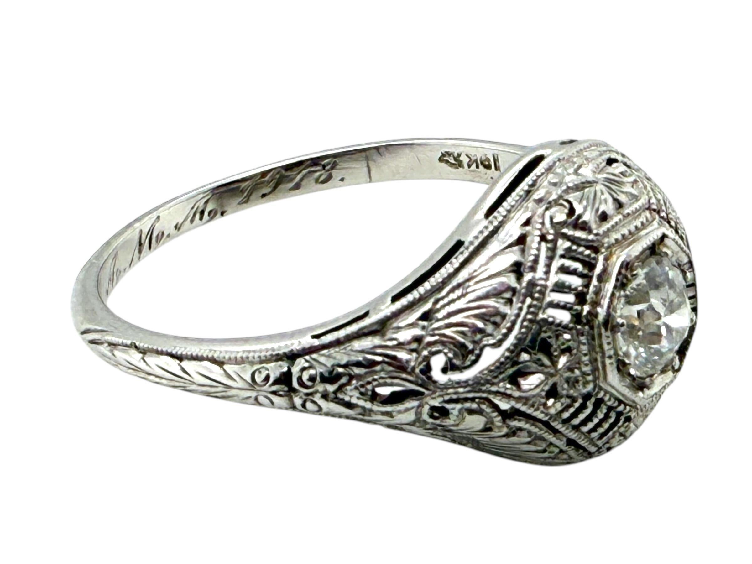 Art Deco Filigree Old European Cut Diamond Ring 18K White Gold For Sale 2