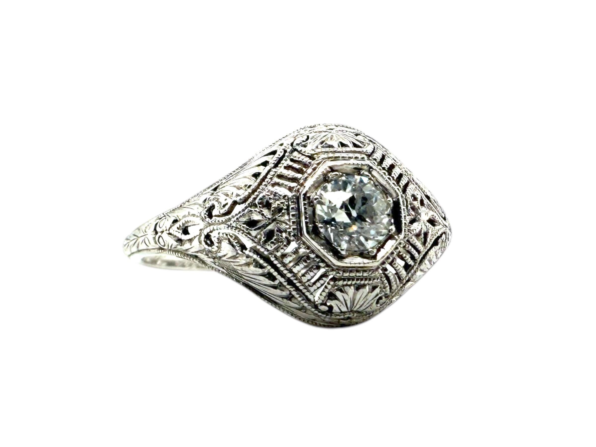 Art Deco Filigree Old European Cut Diamond Ring 18K White Gold For Sale 3