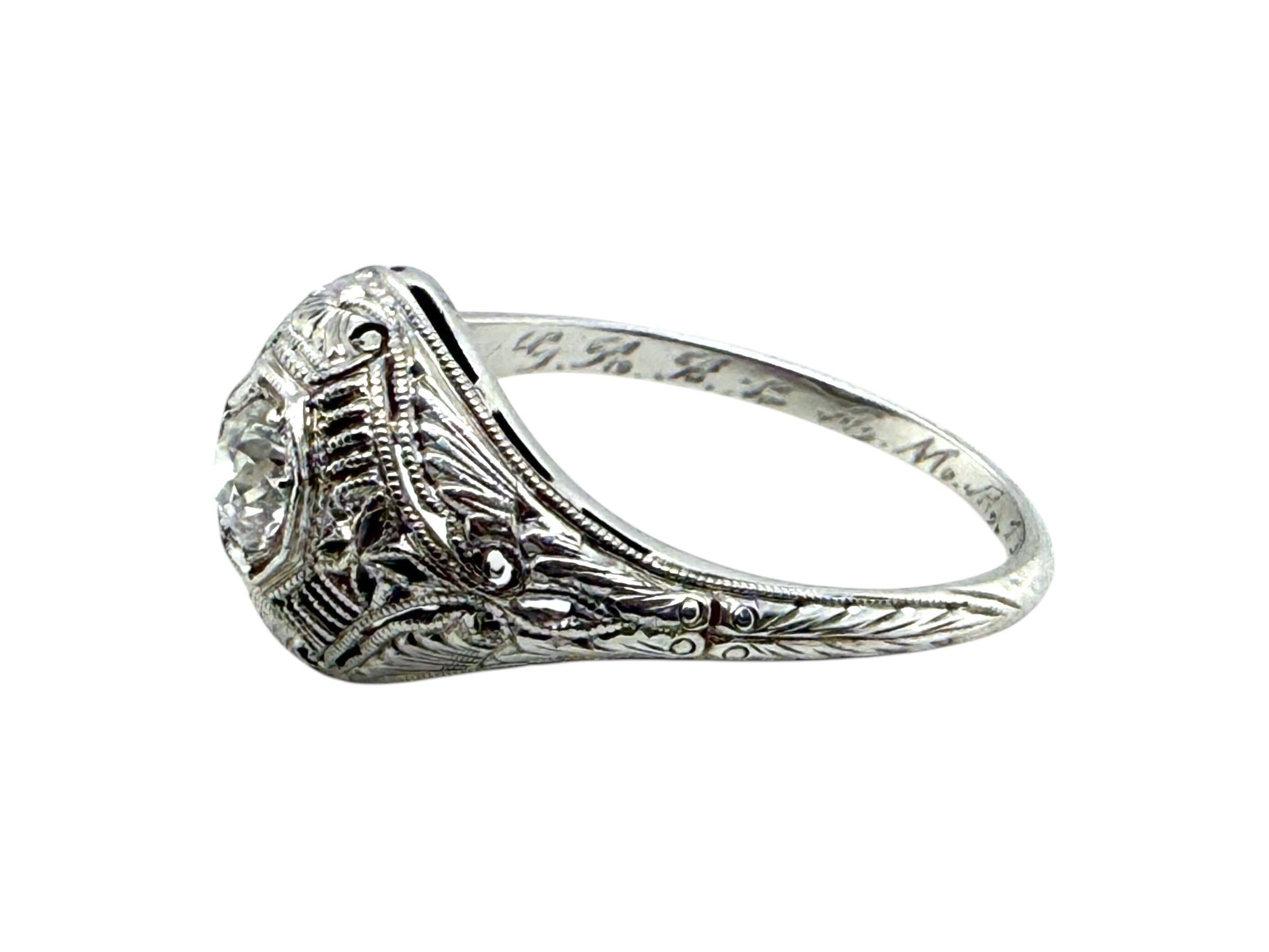 Art Deco Filigree Old European Cut Diamond Ring 18K White Gold For Sale 4