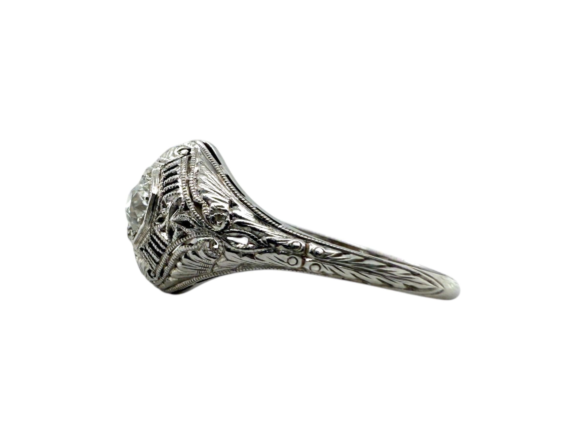 Art Deco Filigree Old European Cut Diamond Ring 18K White Gold For Sale 5