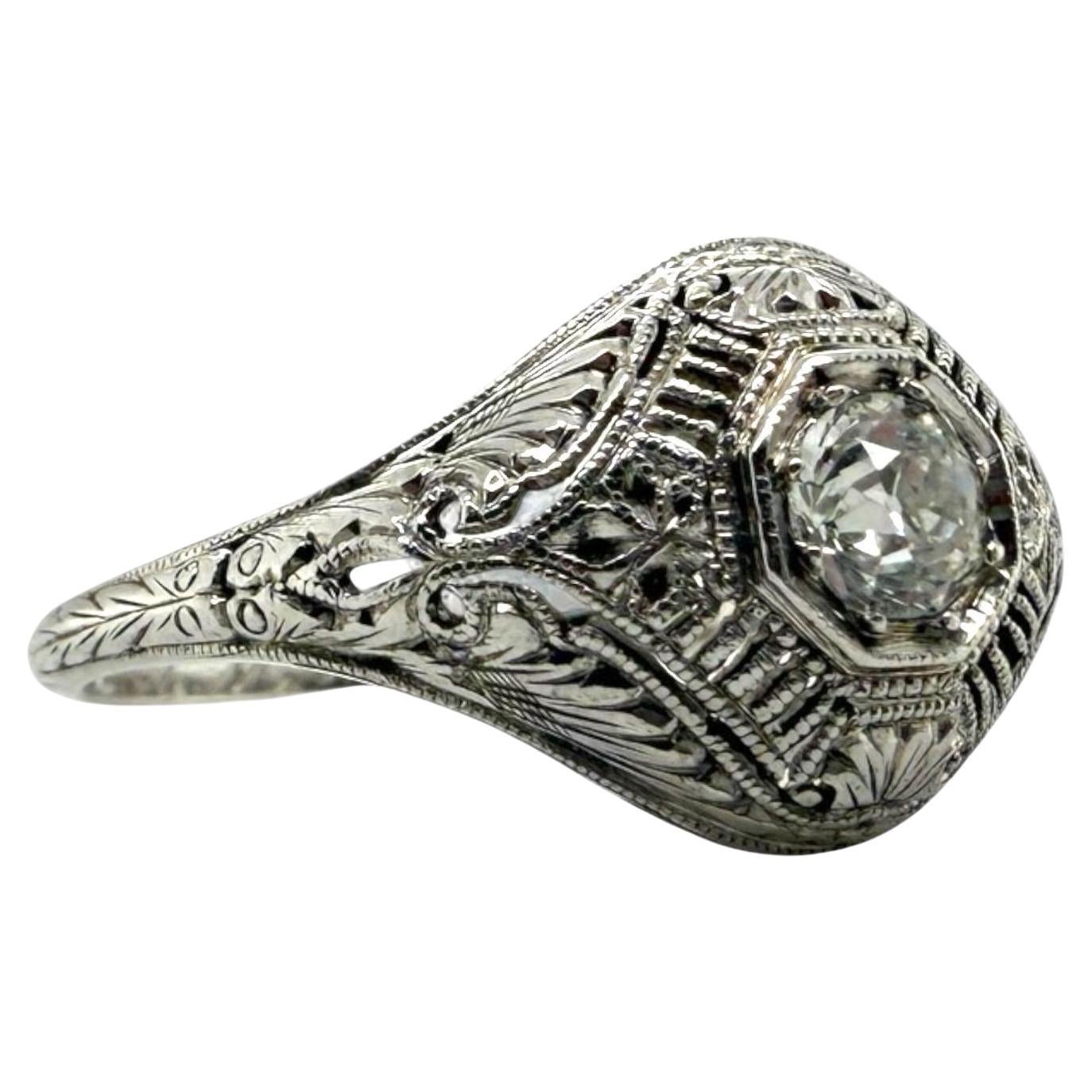 Art Decó Filigrana Antiguo Anillo de Diamantes talla europea Oro blanco de 18 quilates