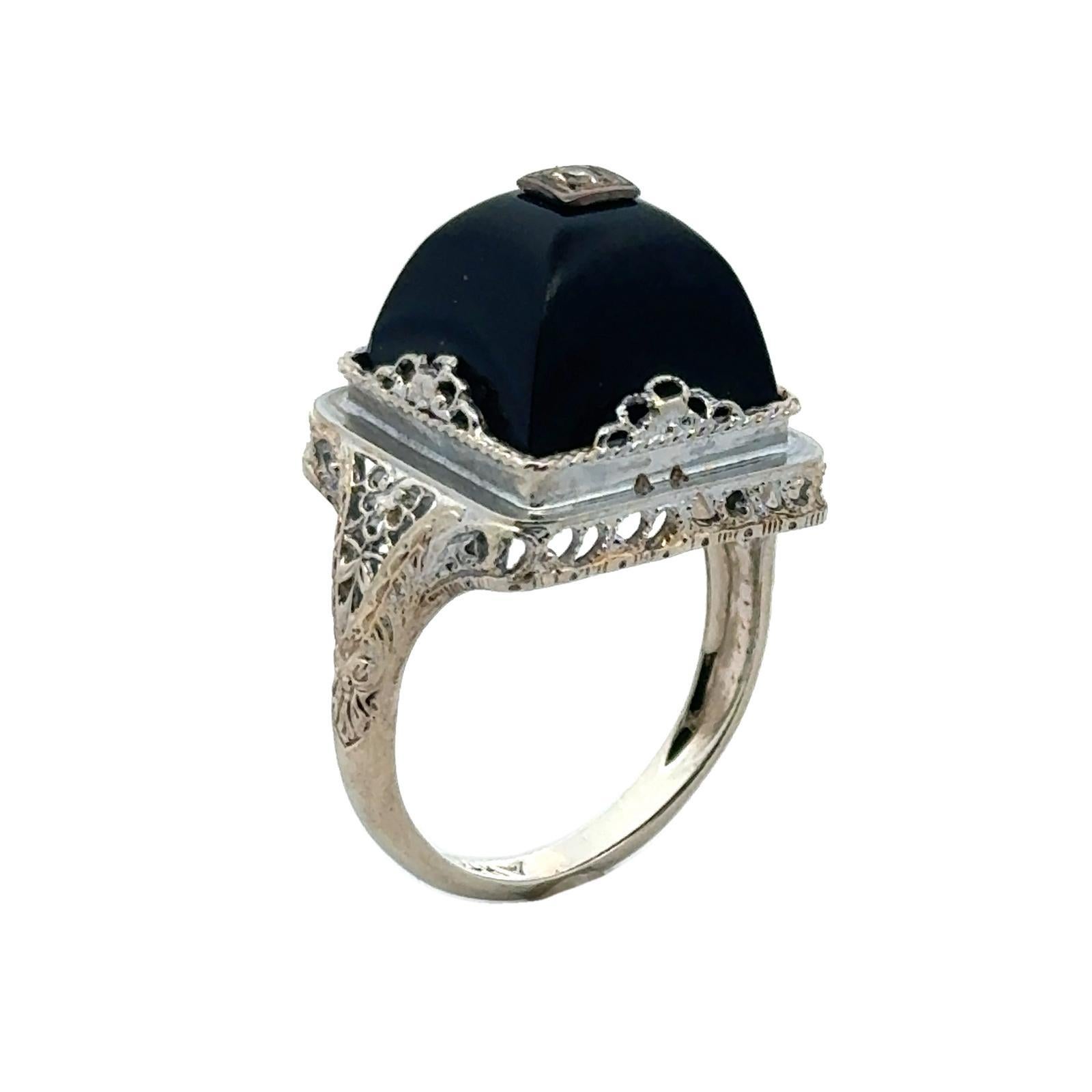 Women's Art Deco Filigree Onyx Diamond Dome 14 Karat White Gold Ring