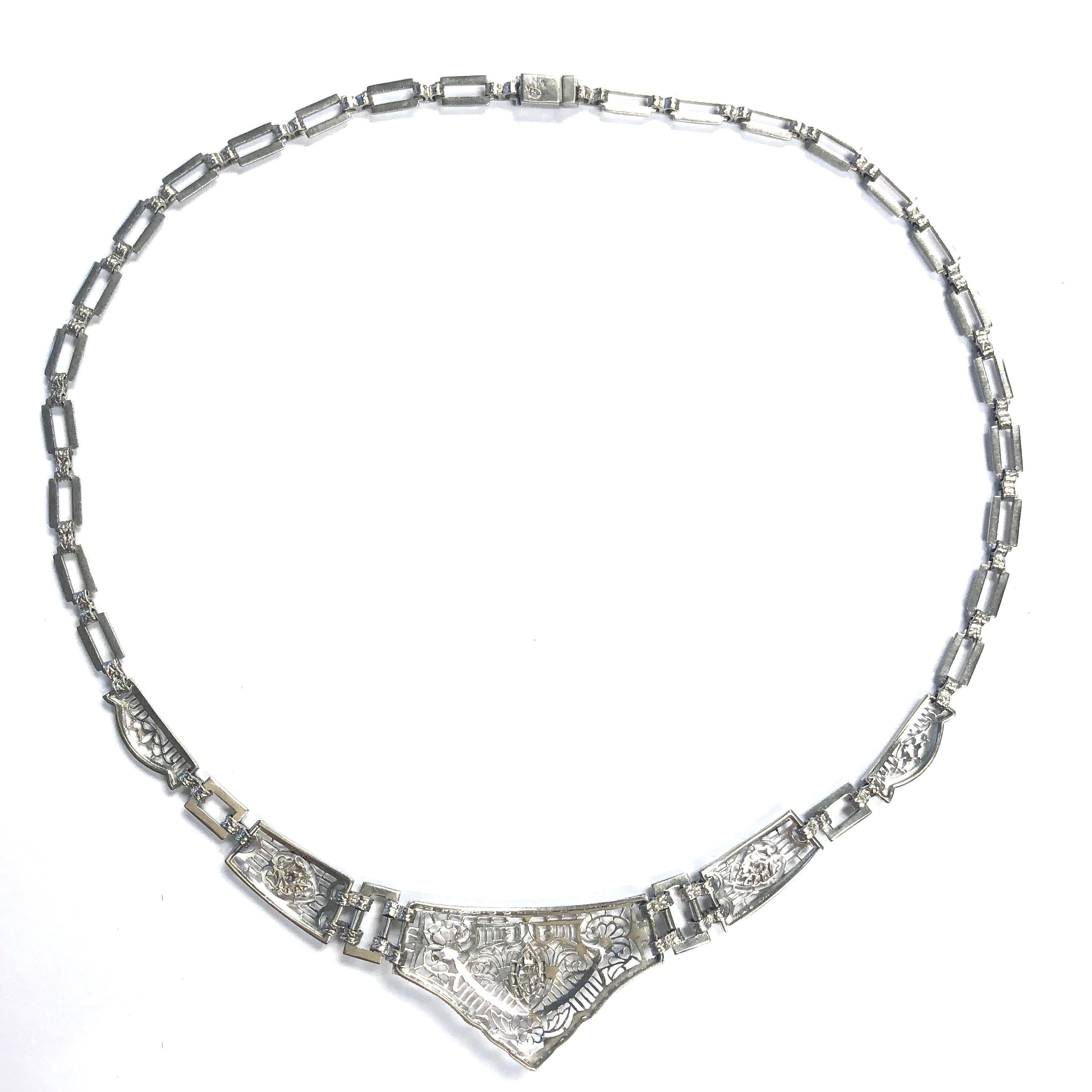 Women's Art Deco Filigree Platinum and Gold Diamond Necklace