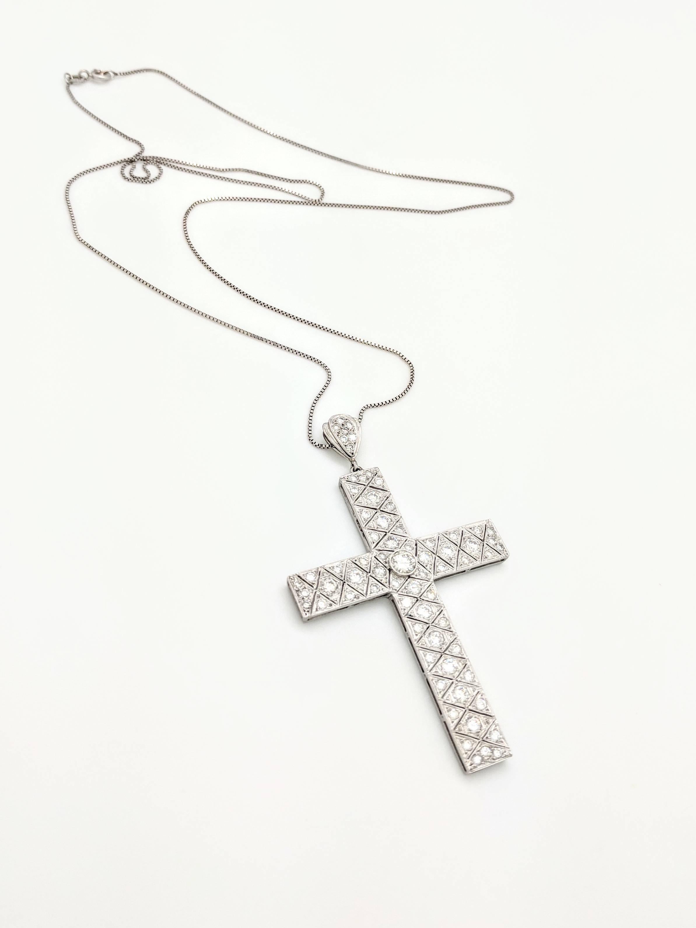 Art Deco Filigree Platinum Diamond Cross Pendant Necklace 3.03ctw For Sale 5