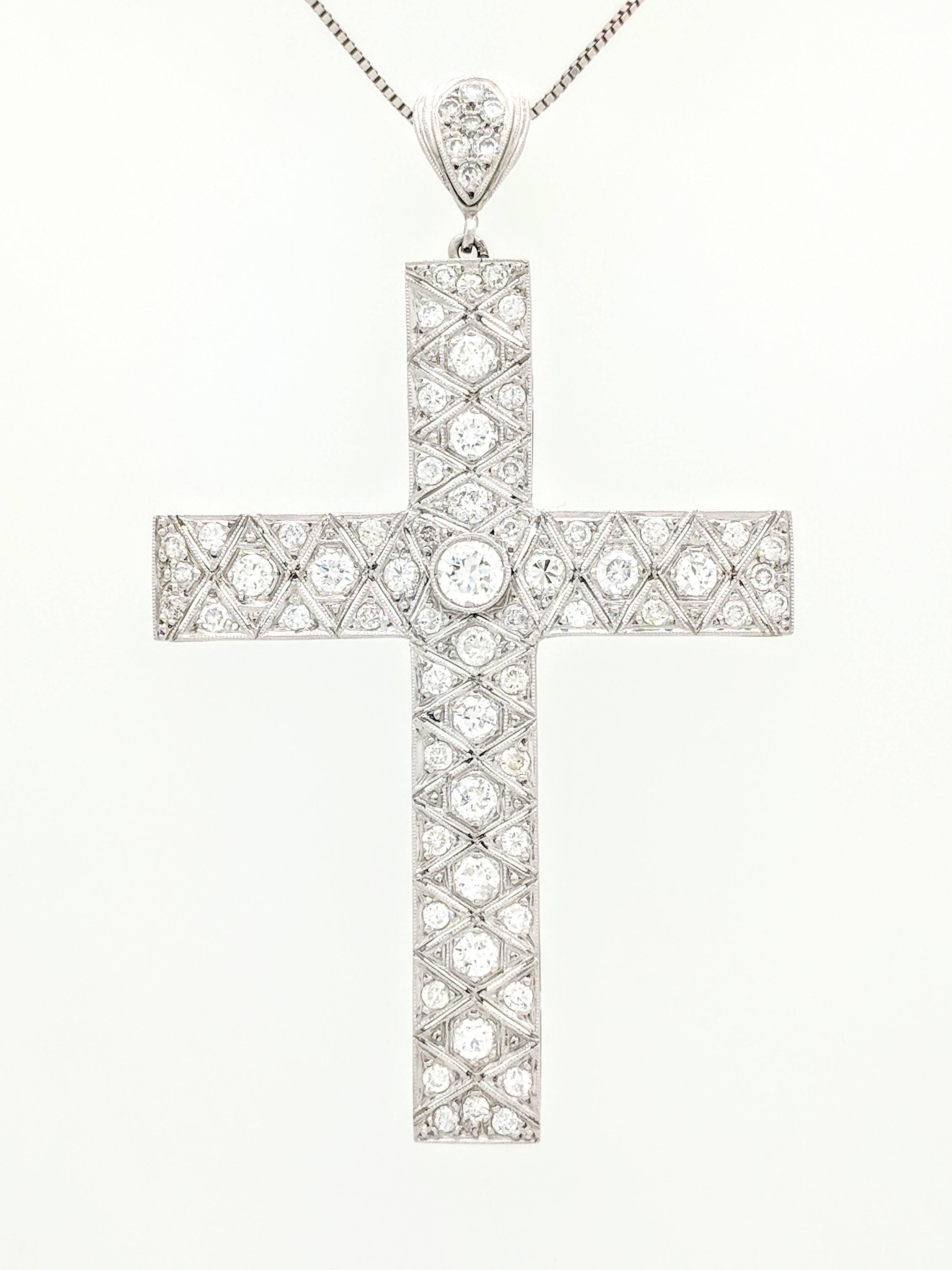  STUNNING Art Deco Filigree Platinum Diamond Cross Pendant Necklace

You are viewing a Stunning Art Deco Filigree Diamond Cross Pendant Necklace. The pendant is crafted from platinum and weighs 8.4 grams. It features one bezel set .40 carat round