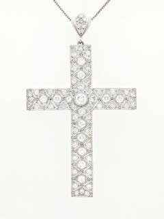 Art Deco Filigree Platinum Diamond Cross Pendant Necklace 3.03ctw