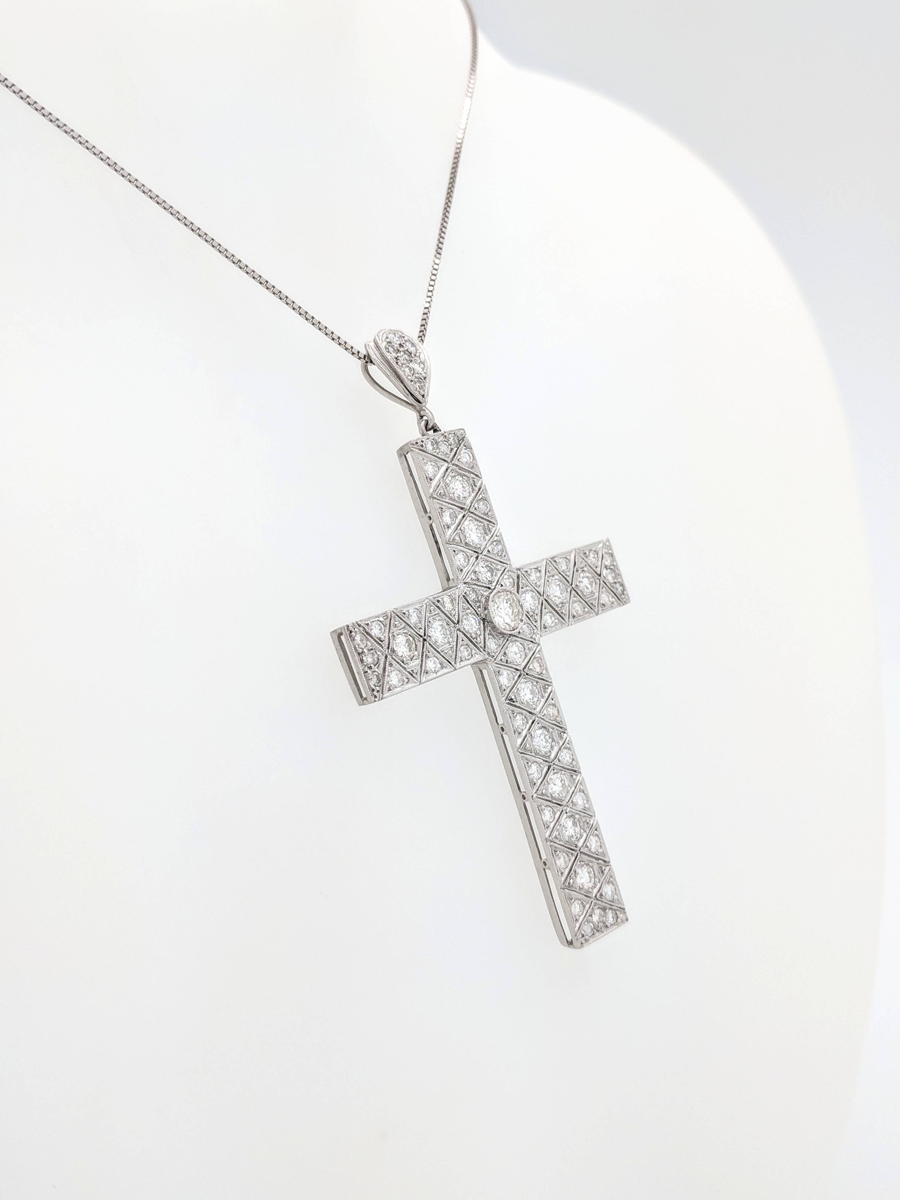 Round Cut Art Deco Filigree Platinum Diamond Cross Pendant Necklace 3.03ctw For Sale
