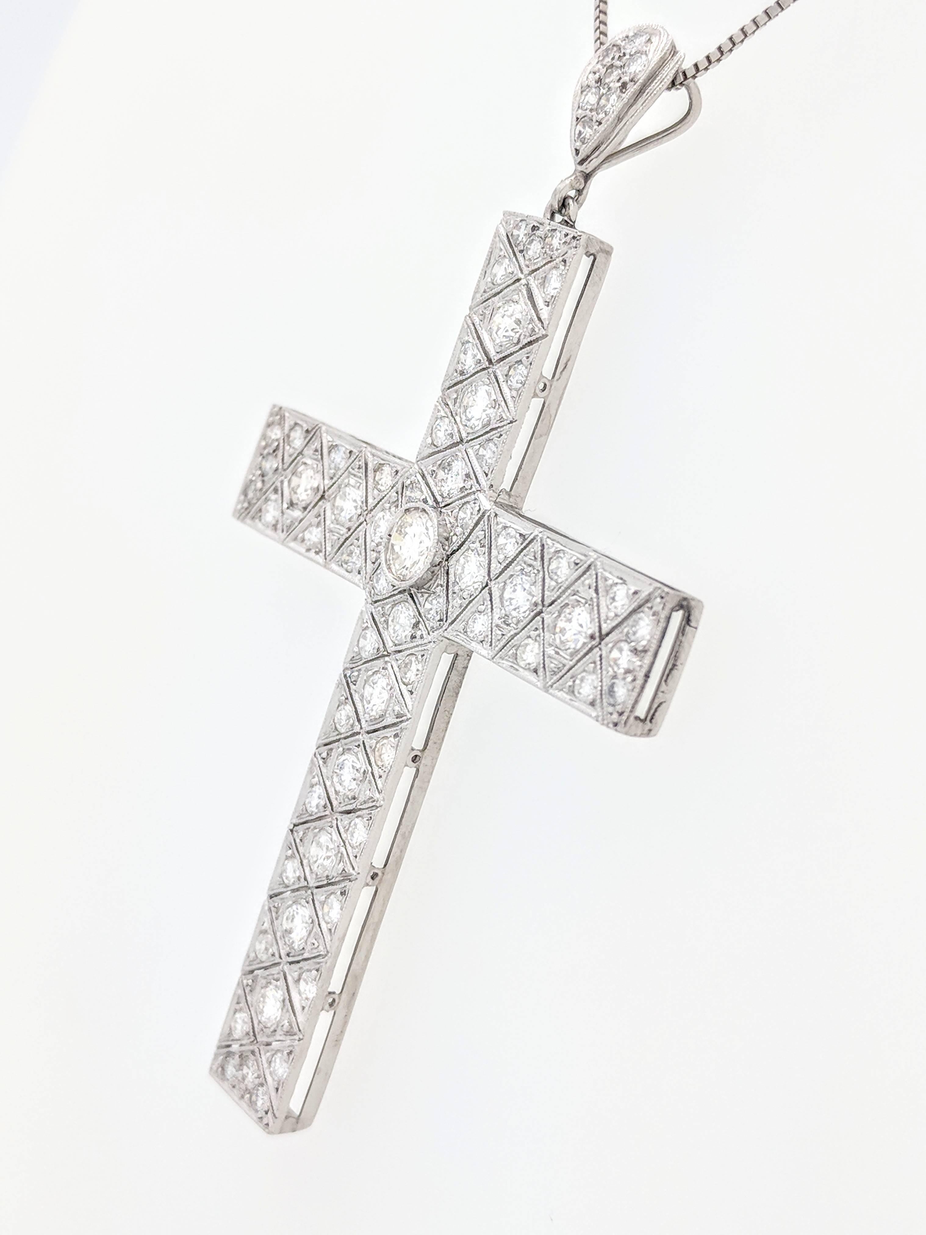 Women's or Men's Art Deco Filigree Platinum Diamond Cross Pendant Necklace 3.03ctw For Sale