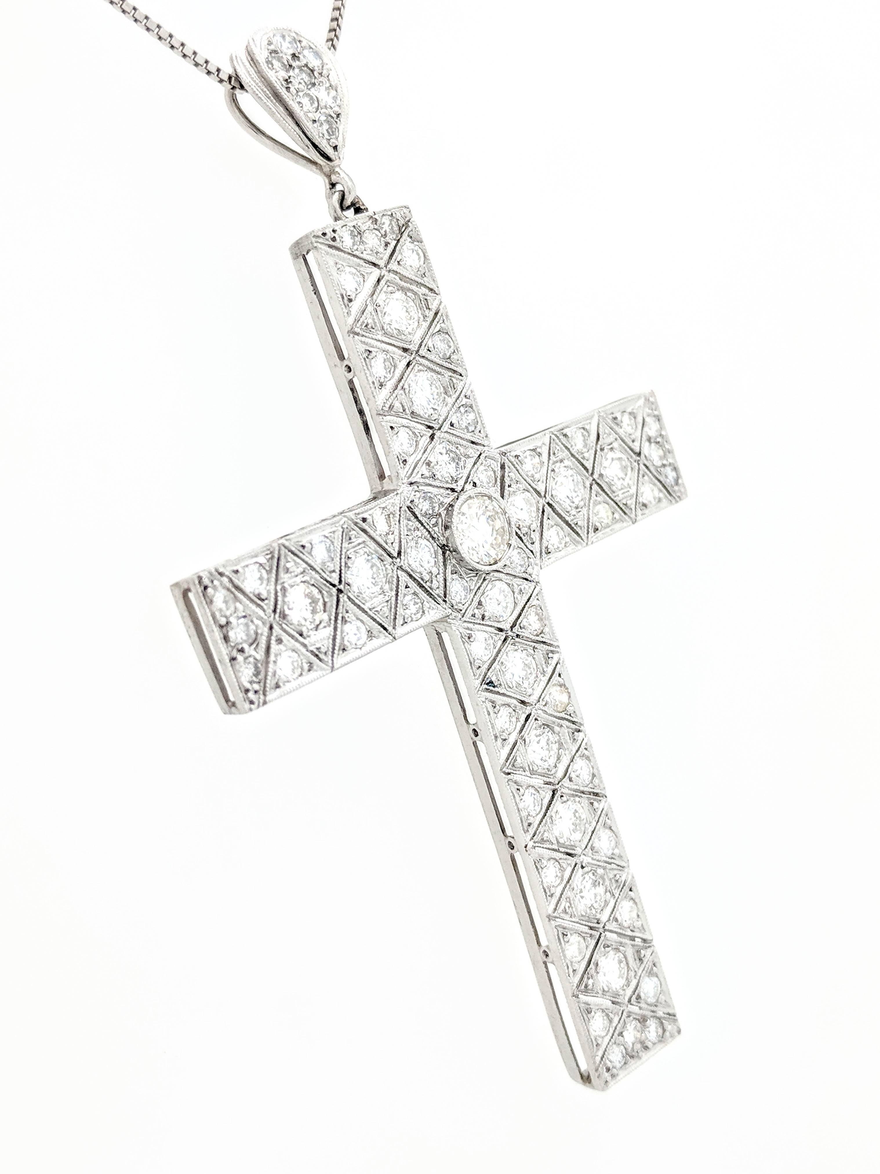 Art Deco Filigree Platinum Diamond Cross Pendant Necklace 3.03ctw For Sale 1