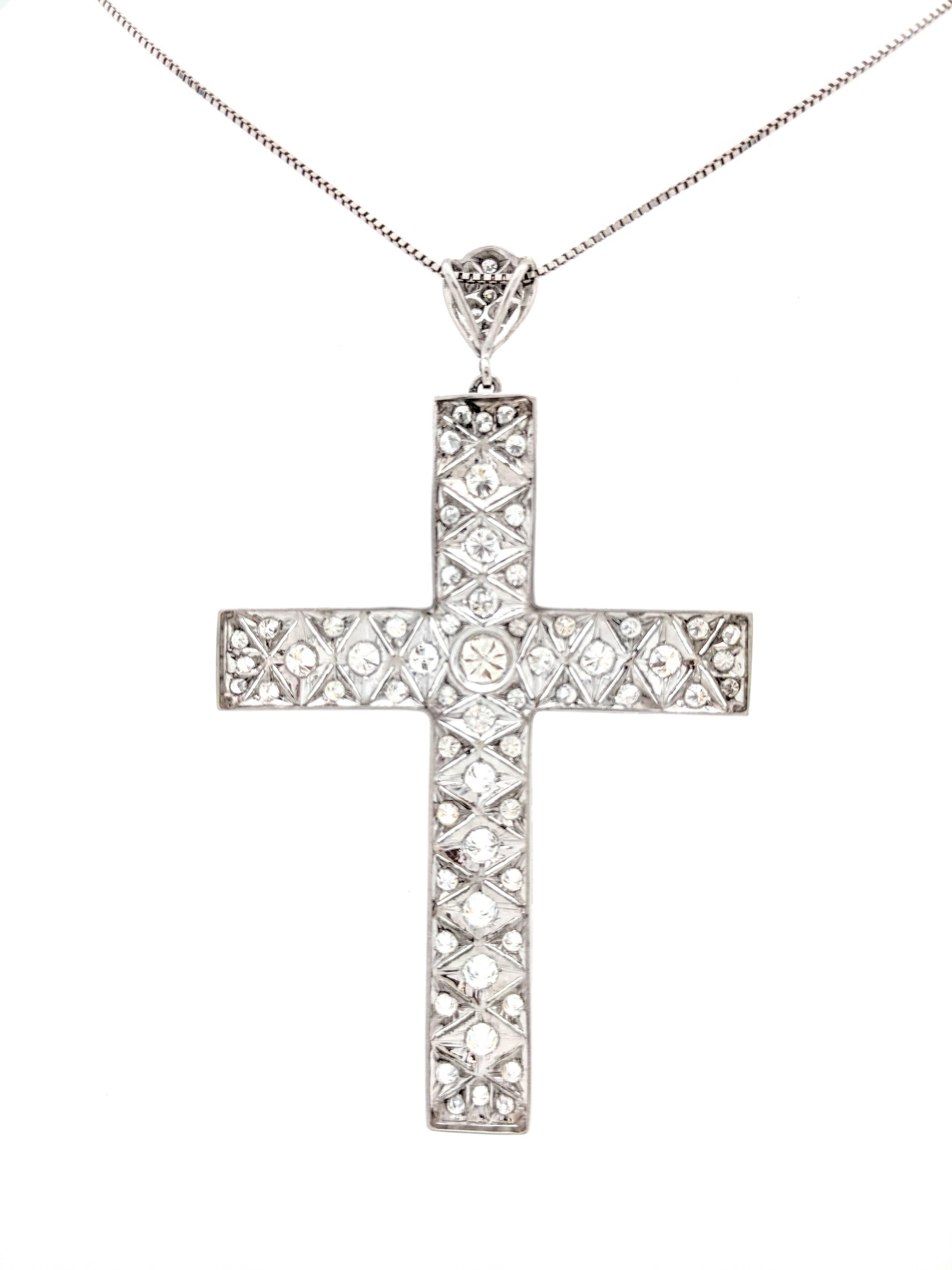 Art Deco Filigree Platinum Diamond Cross Pendant Necklace 3.03ctw For Sale 2