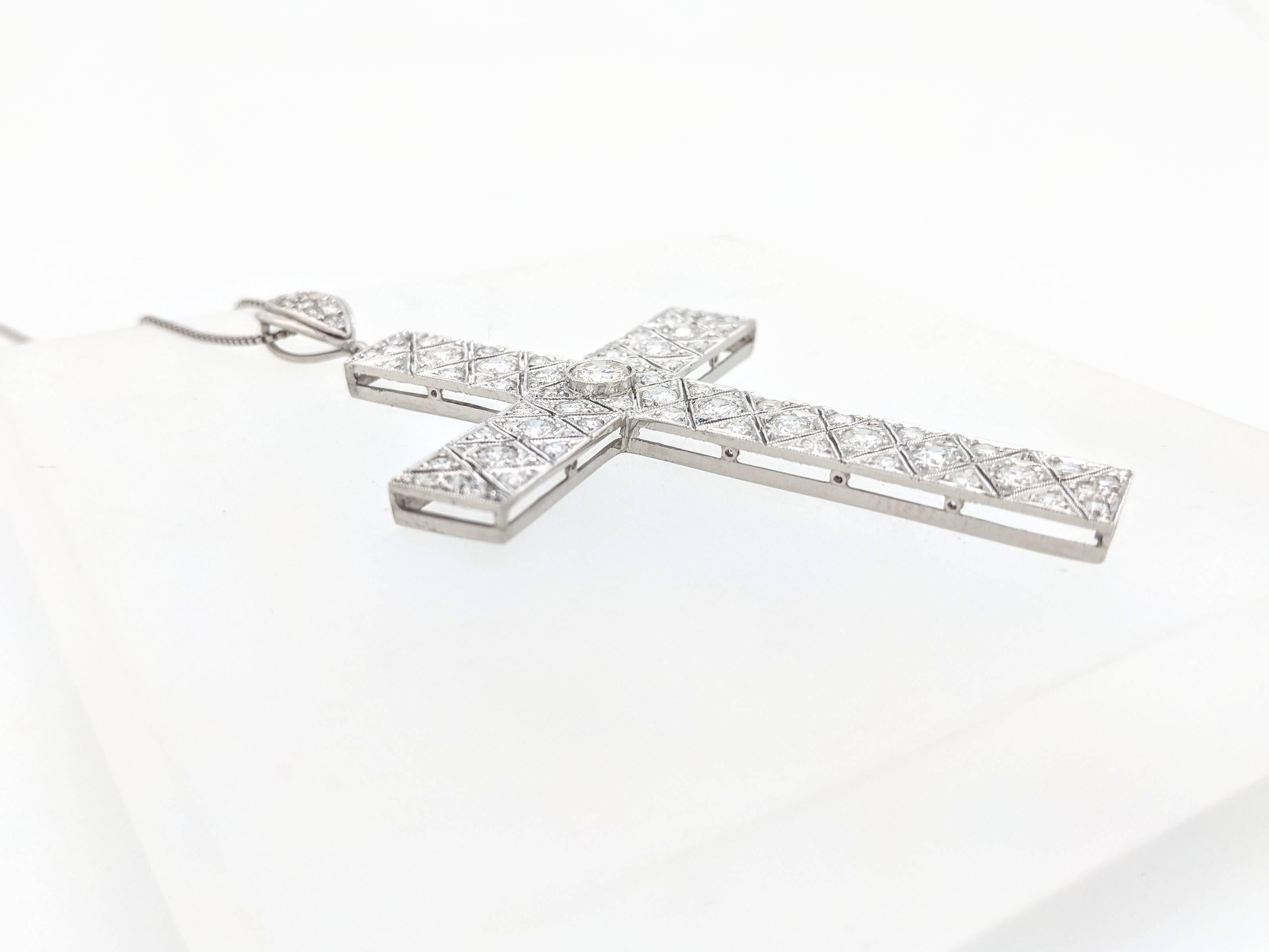 Art Deco Filigree Platinum Diamond Cross Pendant Necklace 3.03ctw For Sale 3
