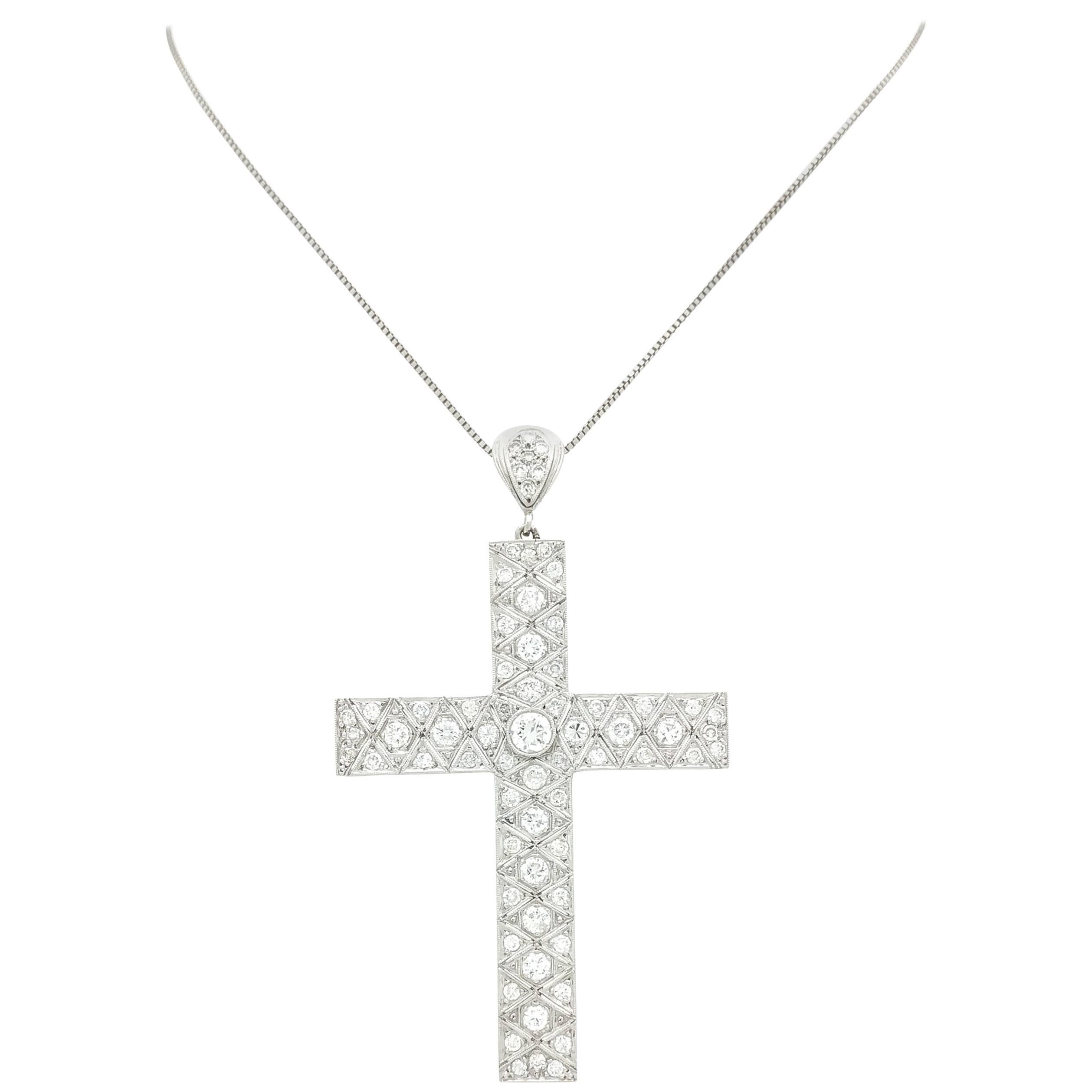 Art Deco Filigree Platinum Diamond Cross Pendant Necklace 3.03ctw For Sale