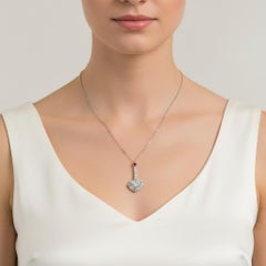 Art Deco Filigree Platinum Pendant Necklace with Diamonds & Ruby