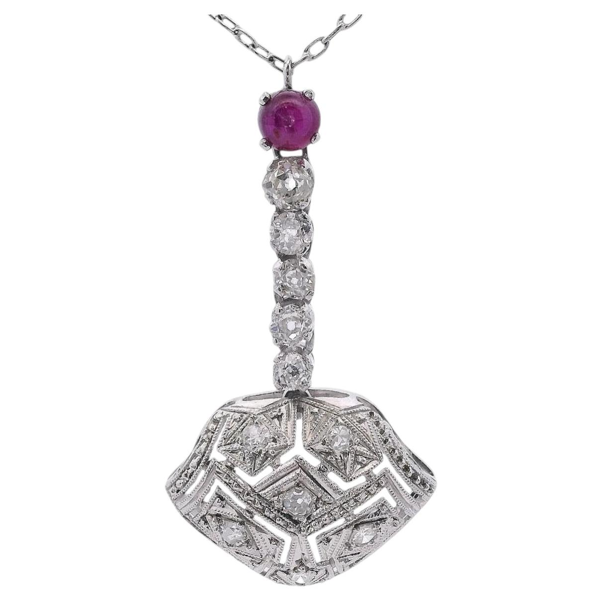 Art Deco Filigree Platinum Pendant Necklace with Diamonds & Ruby For Sale