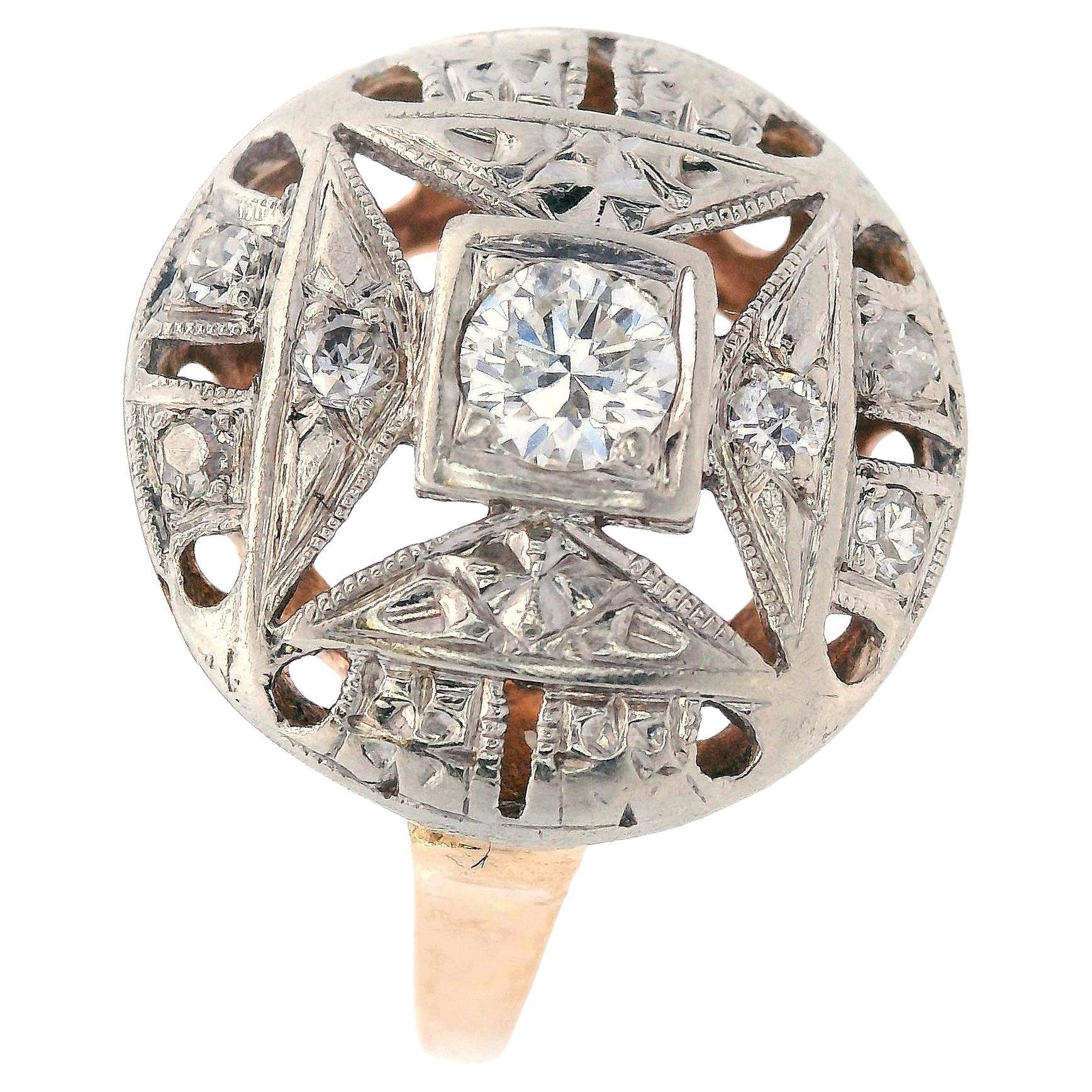 filigraner Art-Déco-Ring aus 14 Karat Gold und Platin mit Diamanten