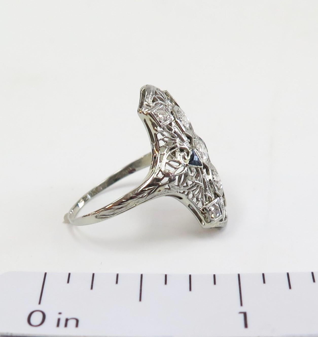 Art Deco Filigree Ring with Diamonds and Sapphires, 18 Karat White Gold 5