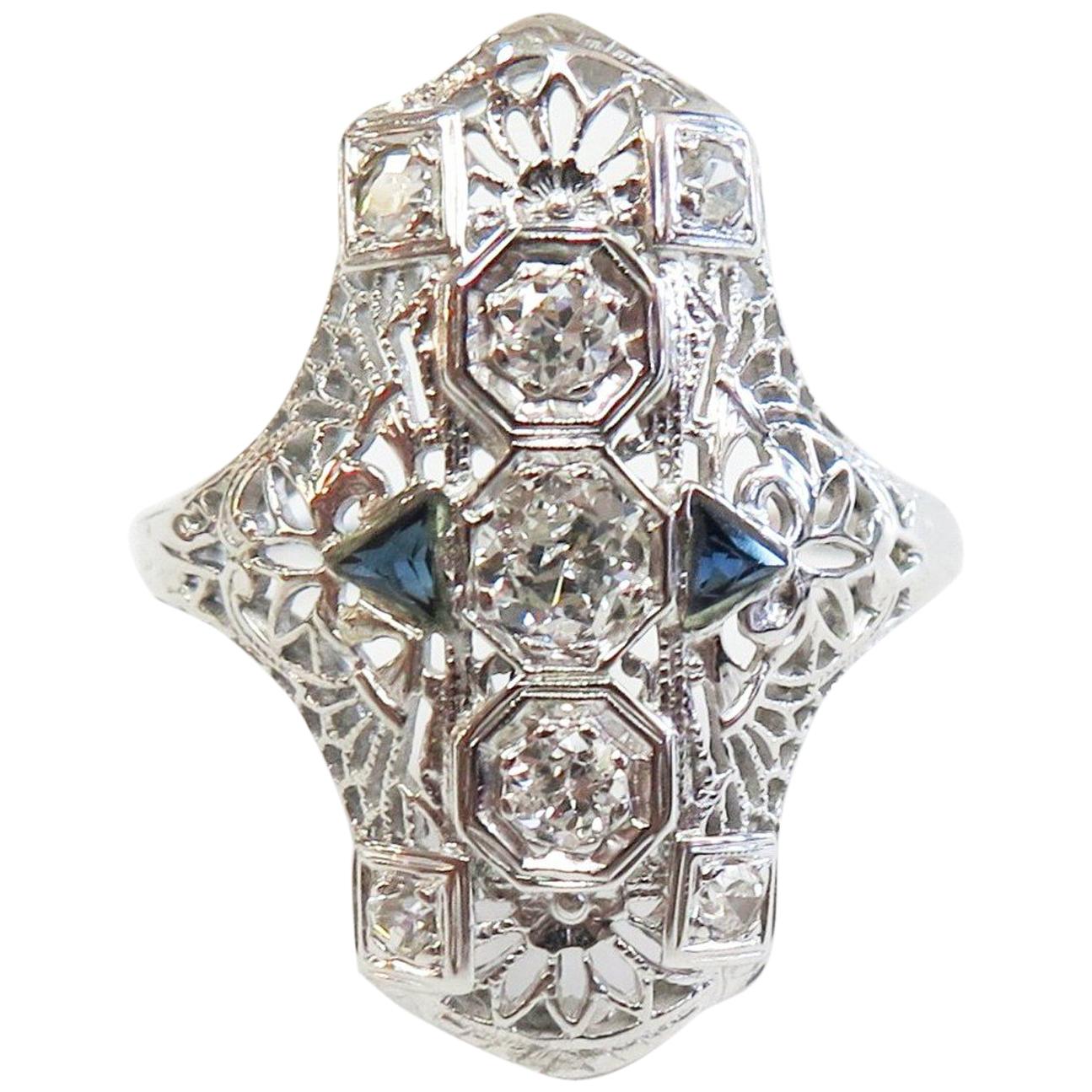 Art Deco Filigree Ring with Diamonds and Sapphires, 18 Karat White Gold