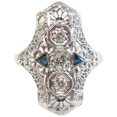 Vintage Art Deco Filigree Ring with Diamonds and Sapphires, 18 Karat White Gold