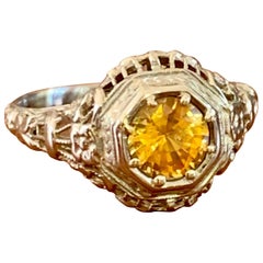 Art Deco Filigree Round Faceted Yellow Sapphire 18 Karat White Gold Ring
