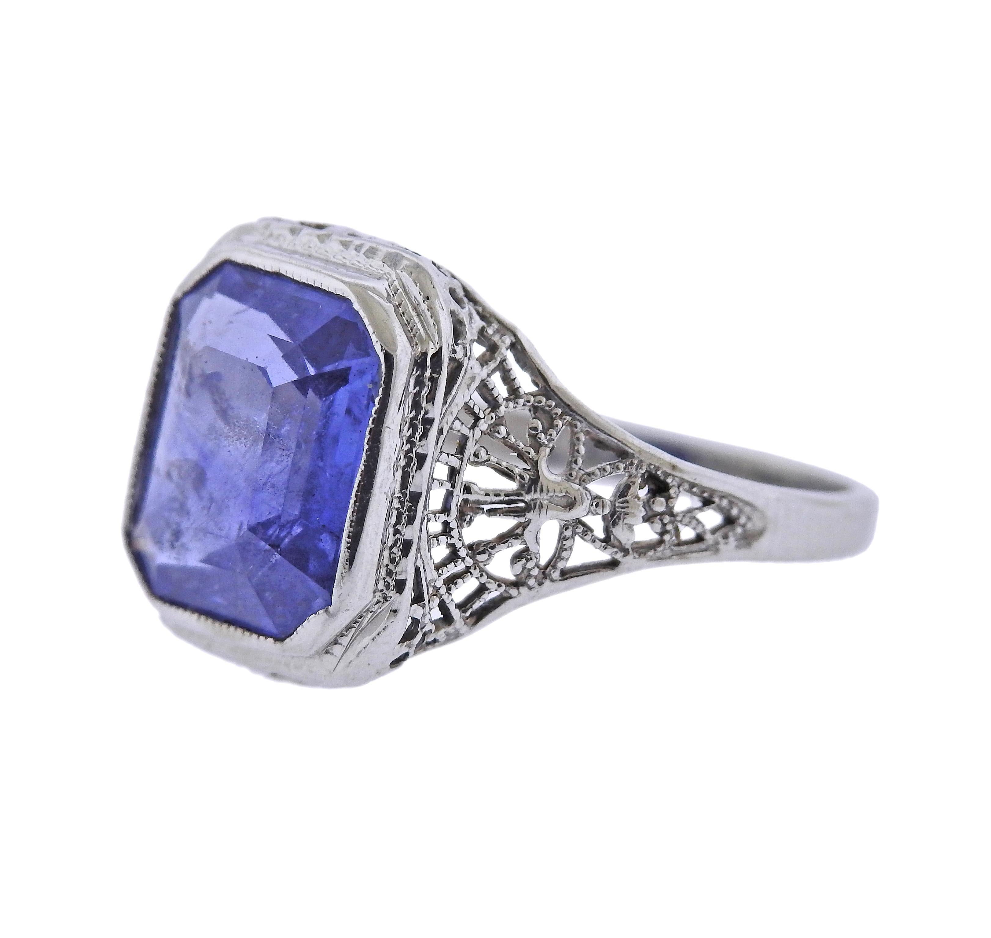 Art Deco 14k gold filigree ring, with center approx. 3.50ct sapphire (stone measures approx. 10.1 x 8.5 x 4.2mm). Ring size - 6, ring top is 13mm wide. Marked: 14k. Weight - 2.5 grams. 