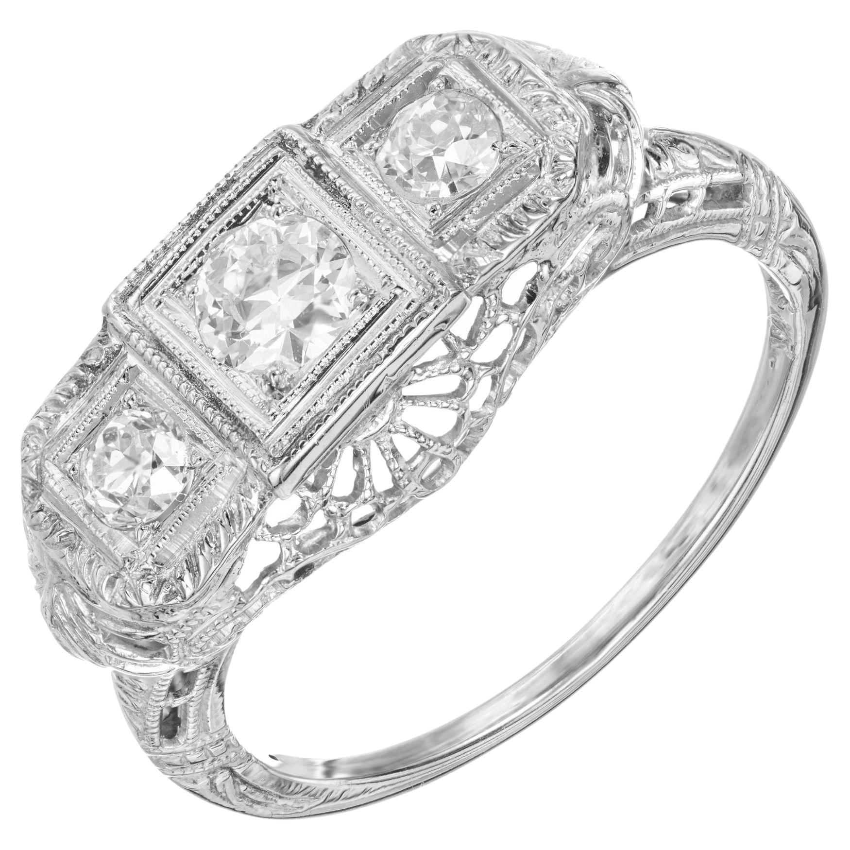 Art Deco Filigree Three Stone Diamond Engagement Ring For Sale