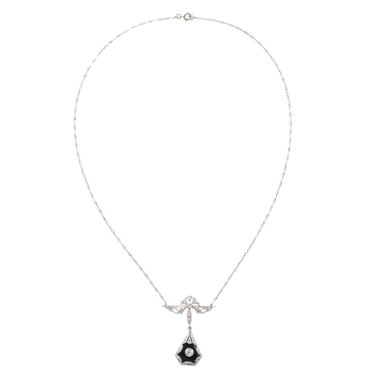Art Deco Filigreed Platinum, Gold and Diamond Onyx Pendant on Platinum ...