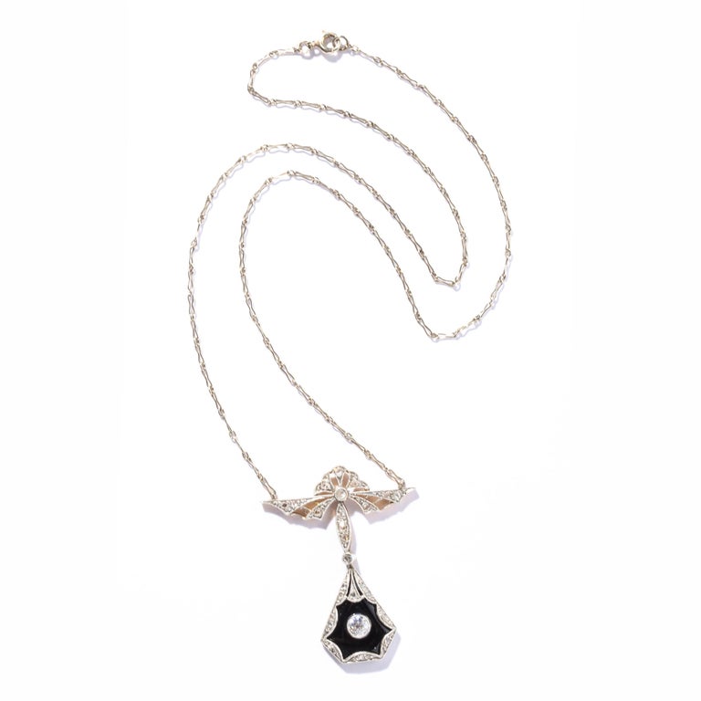 Art Deco Filigreed Platinum, Gold and Diamond Onyx Pendant on Platinum ...