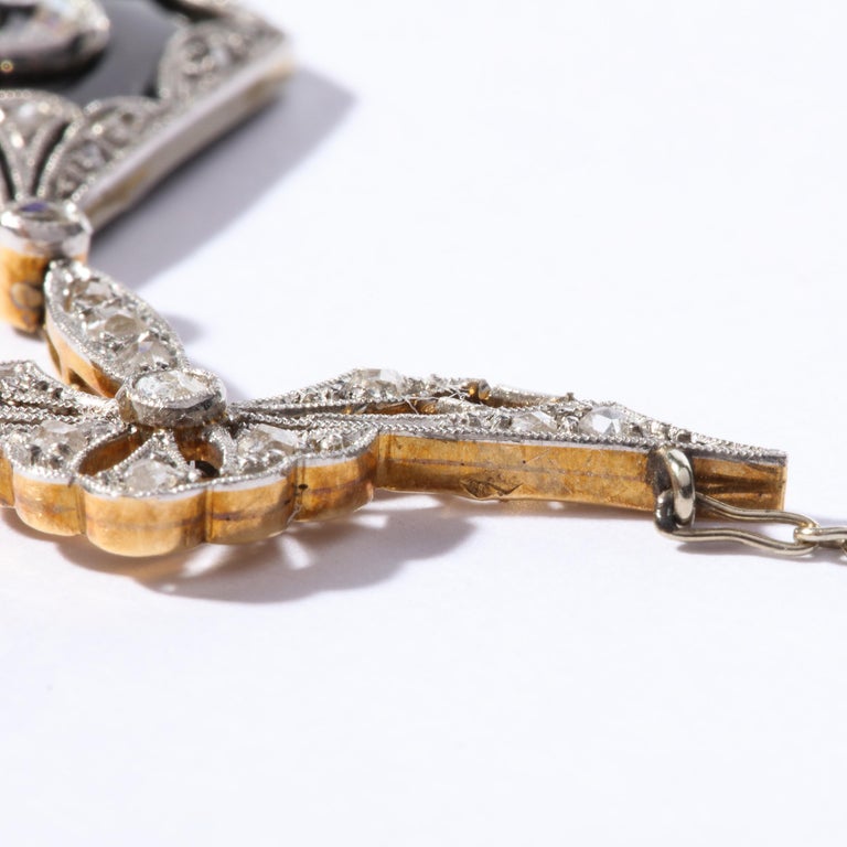 Art Deco Filigreed Platinum, Gold and Diamond Onyx Pendant on Platinum ...