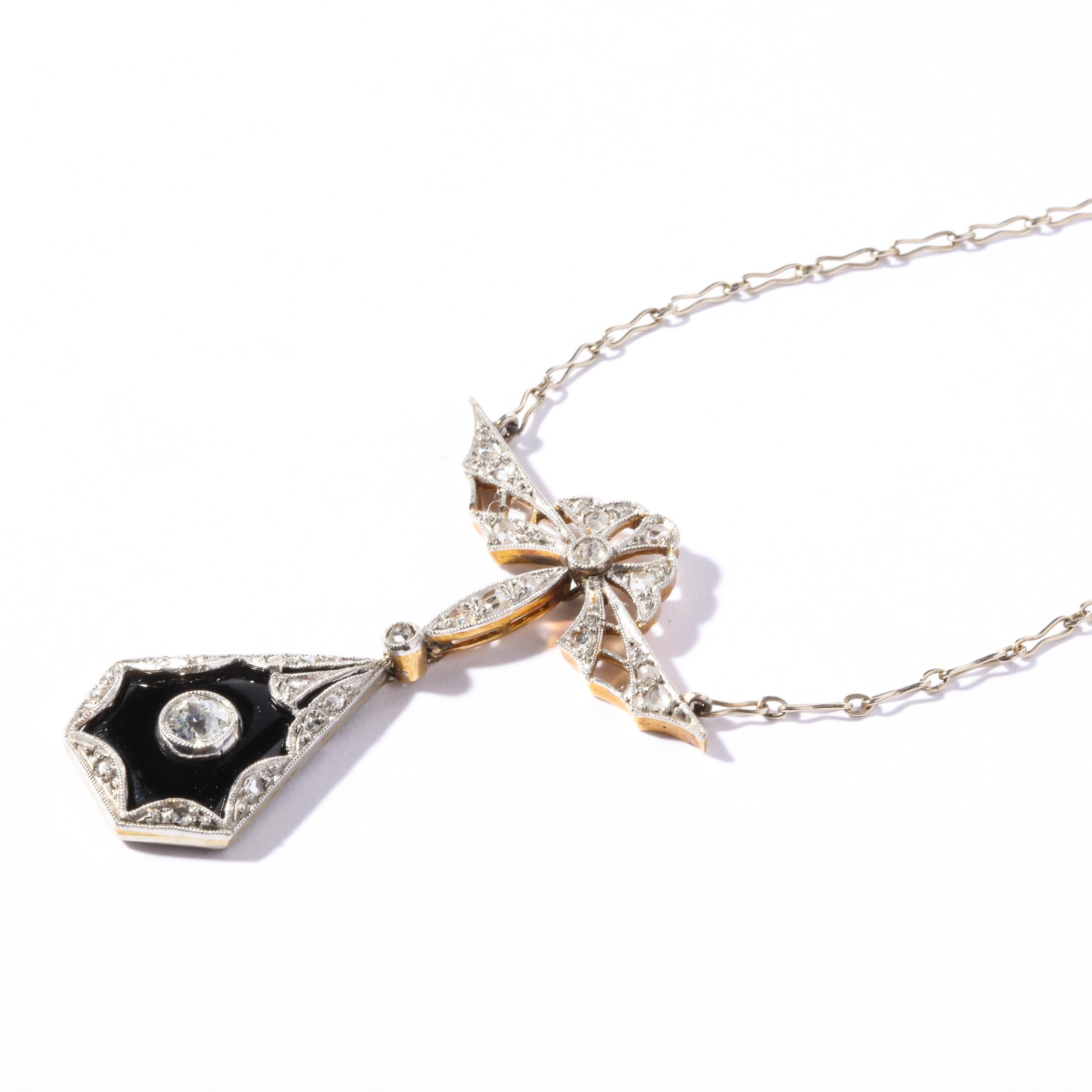 Art Deco Filigreed Platinum, Gold and Diamond Onyx Pendant on Platinum Chain 3